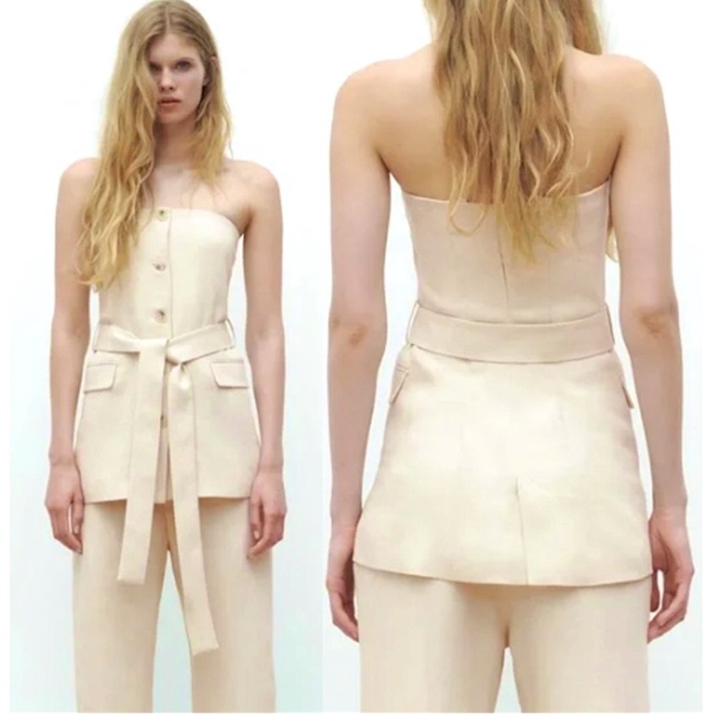 Zara Strapless Linen Blend Belted Top